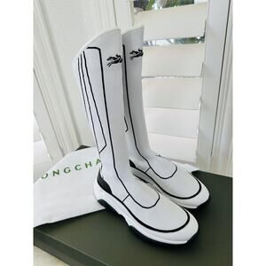 NIB Longchamp $615 White Black Tall Shaft Tennis Boots Sneakers Size 37/ US 6.5